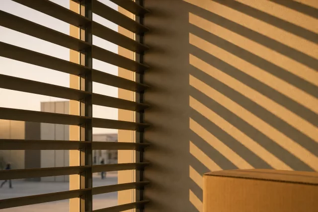 Grille d’ombres géométriques projetée par un brise-soleil sur un mur clair, avec un carton d’expédition évoquant la préparation des données de REP des emballages professionnels.