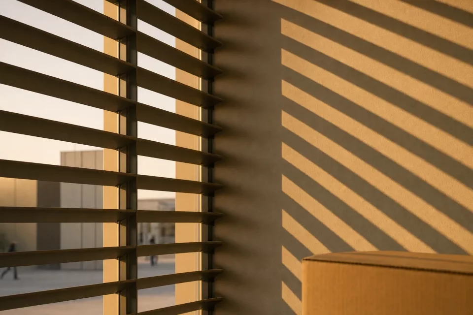 Grille d’ombres géométriques projetée par un brise-soleil sur un mur clair, avec un carton d’expédition évoquant la préparation des données de REP des emballages professionnels.