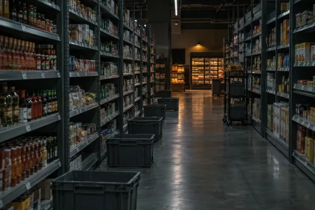 Allée de dark store éclairée la nuit, avec rayons garnis et bacs de picking prêts pour la préparation des commandes lors d’un pic d’activité.