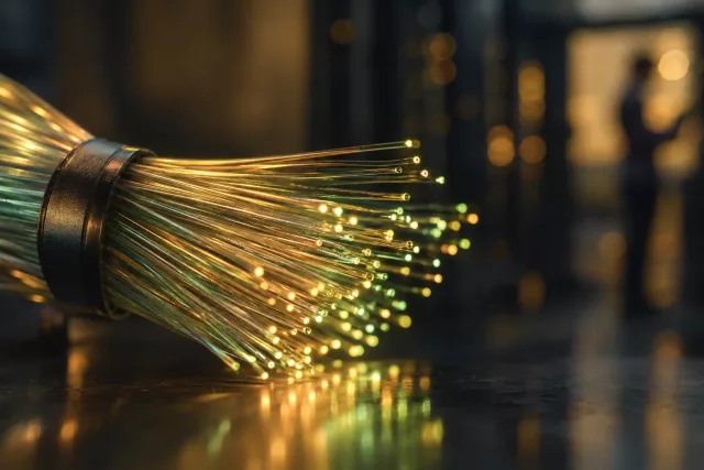 Gros plan de fibres optiques aux reflets ambrés et verts, évoquant les échanges de données nécessaires à l’archivage des factures électroniques.