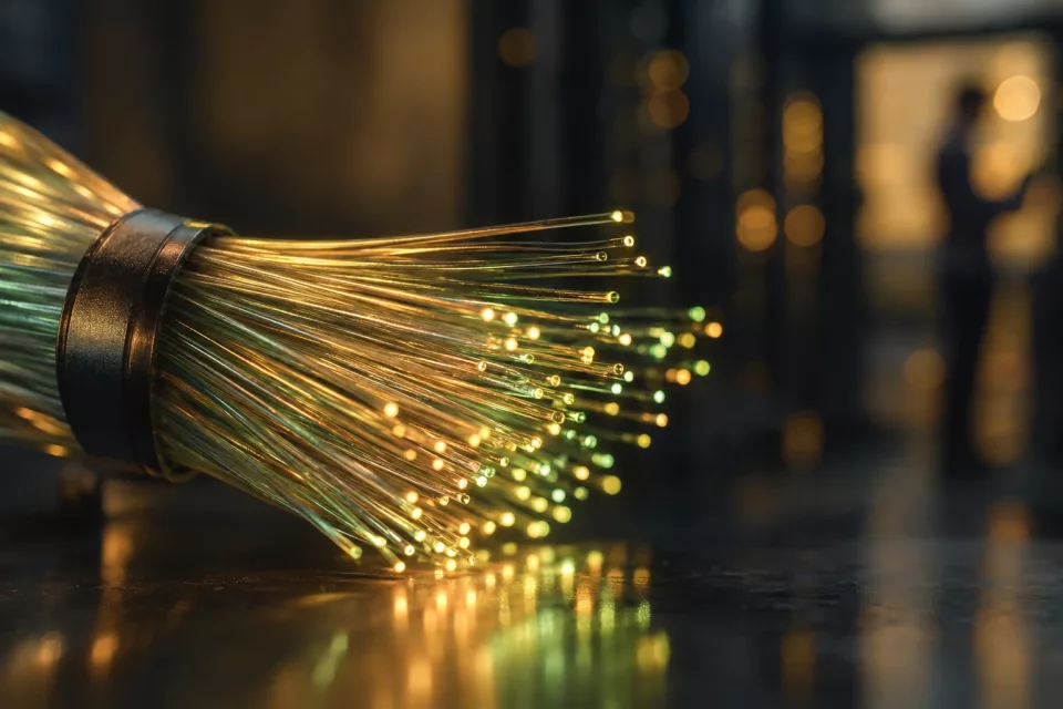 Gros plan de fibres optiques aux reflets ambrés et verts, évoquant les échanges de données nécessaires à l’archivage des factures électroniques.