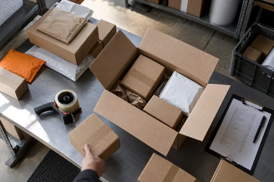 Vue en plongée d’un établi où des colis de vendeurs marketplace sont regroupés pour une commande, illustrant les parcours à tester dans un cahier des charges OMS.