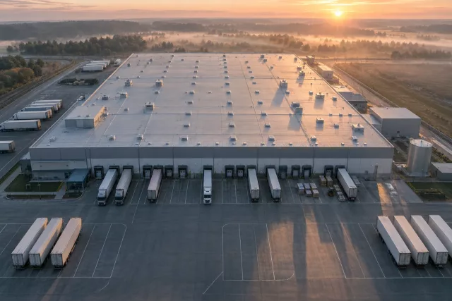 Vue aérienne à l’aube d’un hub logistique et de quais de chargement, illustrant le calendrier réglementaire supply chain et ses échéances.