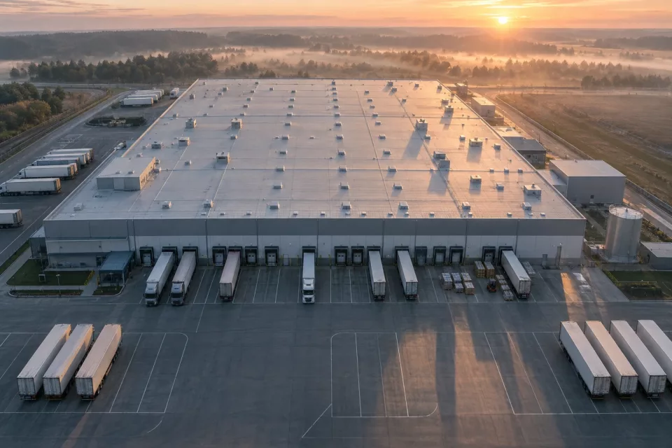 Vue aérienne à l’aube d’un hub logistique et de quais de chargement, illustrant le calendrier réglementaire supply chain et ses échéances.