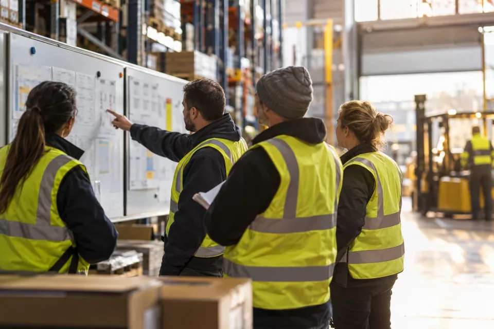 Warehouse team members in high-visibility vests coordinate around a blurred planning board at shift start, illustrating collaborative labor planning and employee monitoring policy review.
