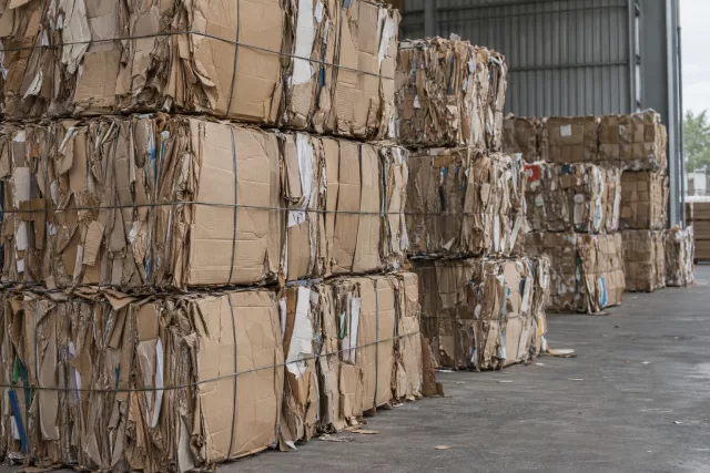 Balles de carton compacté soigneusement empilées dans une cour de recyclage d’entrepôt, évoquant la continuité des flux à organiser lors d’une réversibilité 3PL.