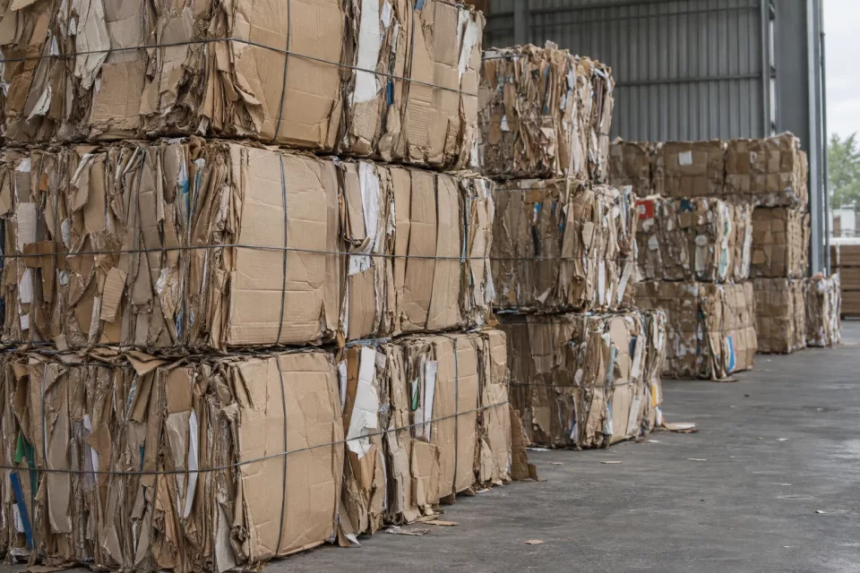 Balles de carton compacté soigneusement empilées dans une cour de recyclage d’entrepôt, évoquant la continuité des flux à organiser lors d’une réversibilité 3PL.
