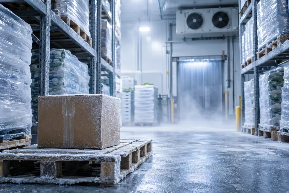 Palettes et carton de produits dans un entrepôt frigorifique givré, évoquant les arbitrages de stock après une commande annulée faute de disponibilité.