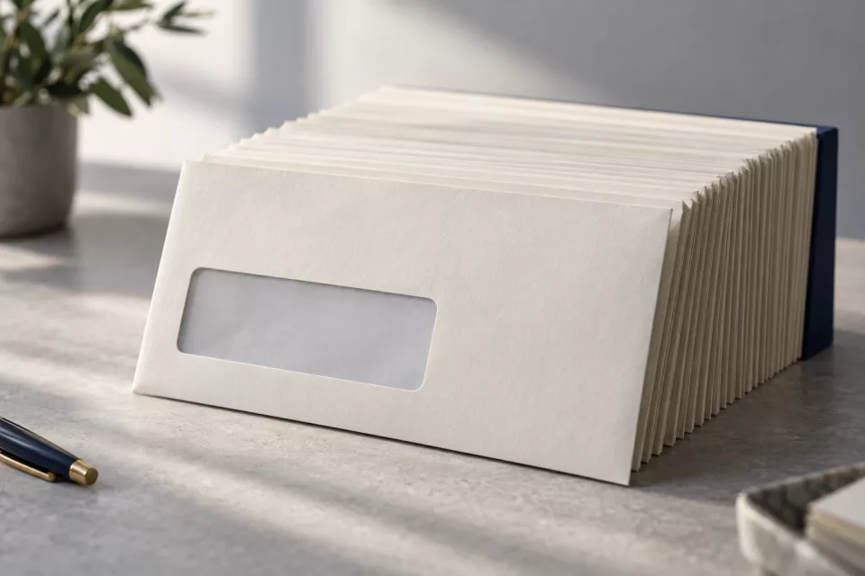 Pile d’enveloppes professionnelles à fenêtres translucides, symbole de l’émission de factures et de la constitution d’une piste d’audit fiable.