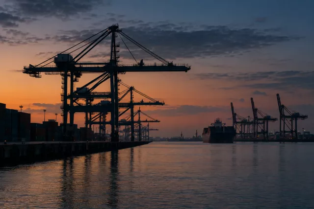 Silhouettes de grues portuaires au crépuscule, évoquant les flux et le cadrage d’une consultation 3PL.