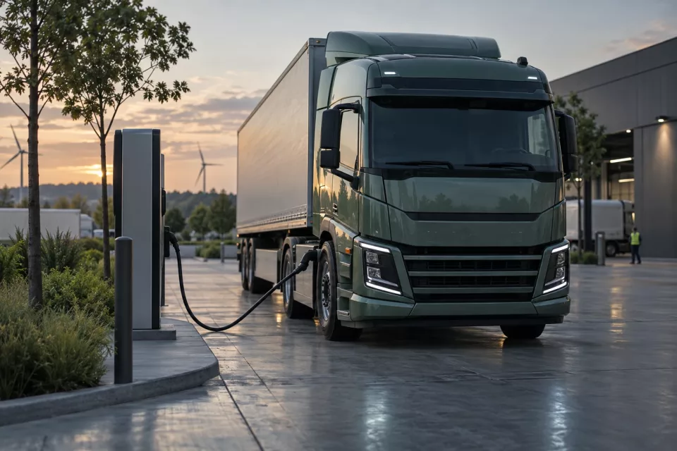 Un camion électrique en charge au crépuscule dans un dépôt moderne, évoquant les coûts et l’organisation d’une tournée de livraison.