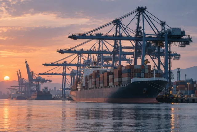 Port à conteneurs à l’aube, avec un porte-conteneurs et des portiques en silhouette, illustrant les flux de transport concernés par la préparation eFTI 2027.