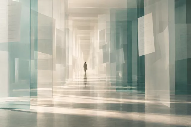 Couloir architectural de lumière douce et de plans translucides évoquant le flux de documents et la coordination d’un raccordement EDI.