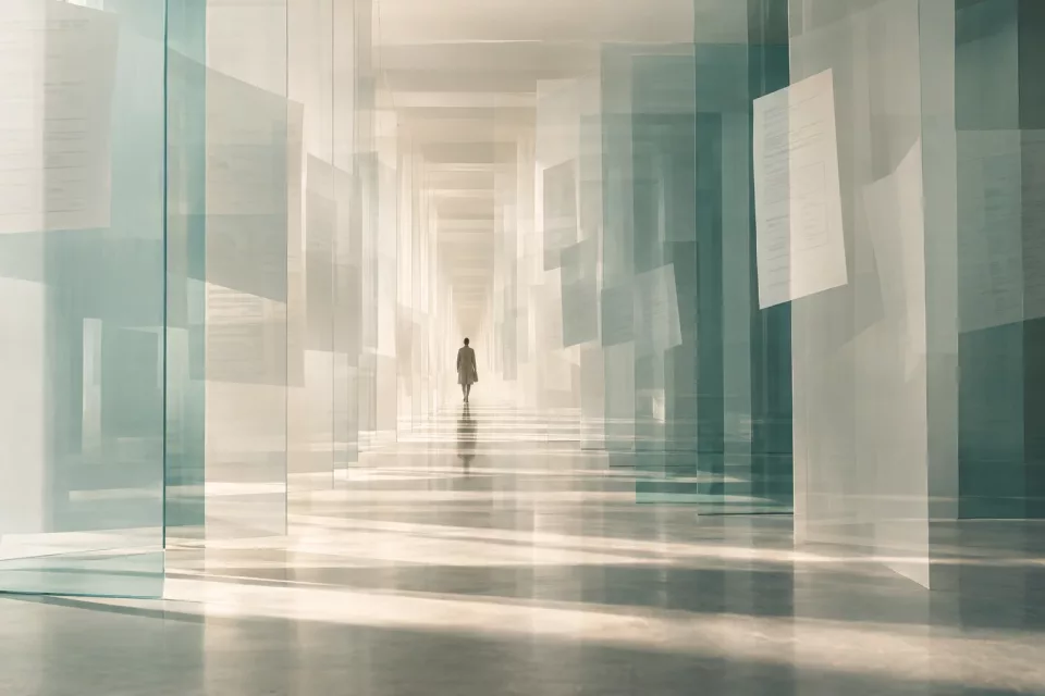 Couloir architectural de lumière douce et de plans translucides évoquant le flux de documents et la coordination d’un raccordement EDI.